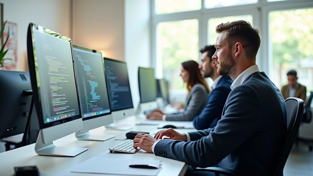 Team di esperti di accessibilità web che lavorano in ufficio moderno con monitor e strumenti di testing